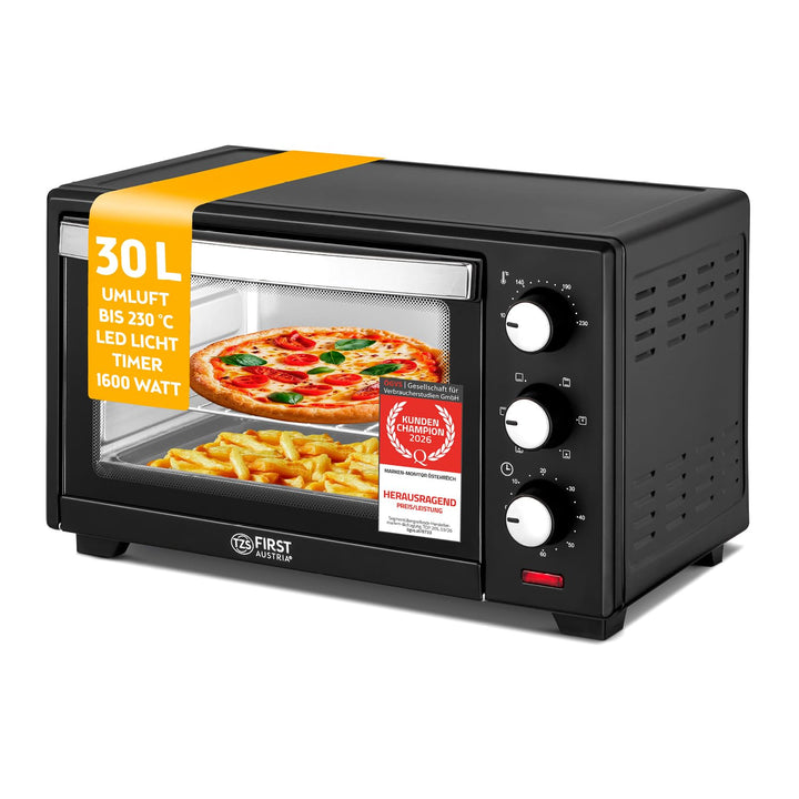 TZS First Austria - 30 Liter Minibackofen mit 1600 Watt schwarz| Unter-Oberhitze bis 230 Grad stufen