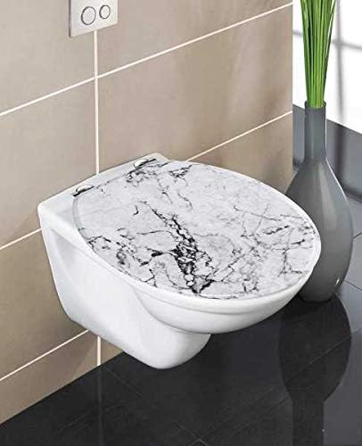 WENKO WC-Sitz Onyx, Toilettensitz in eleganter Marmor-Optik, WC-Deckel inkl. Wandpuffer und rostfrei