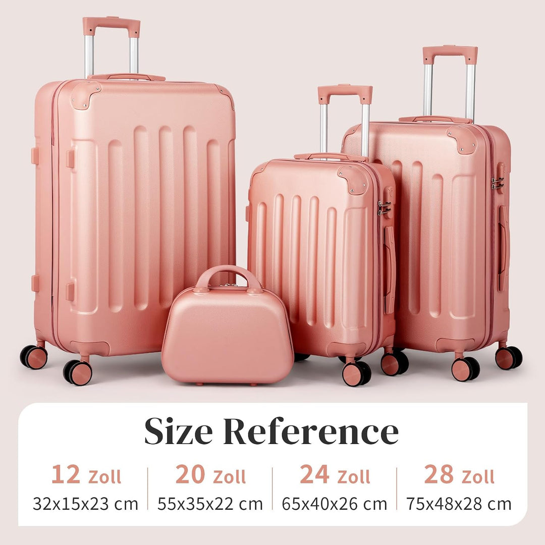LEADZM Koffer Set 4 teilig Hartschale mit Kosmetikkoffer (Roségold) | Kofferset mit verstärkten Ecke