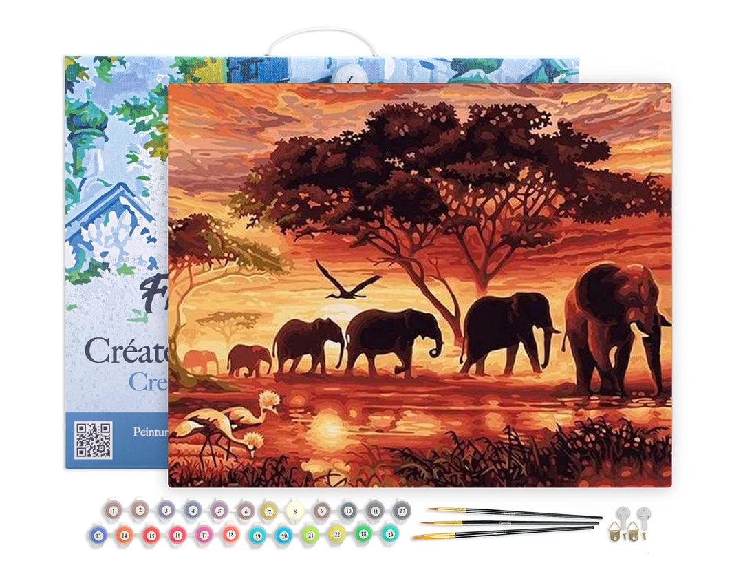 Figured'Art Malen Nach Zahlen Erwachsene Mit Rahmen Elefanten bei Sonnenuntergang - Paint by Numbers