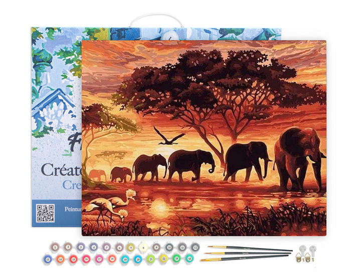 Figured'Art Malen Nach Zahlen Erwachsene Mit Rahmen Elefanten bei Sonnenuntergang - Paint by Numbers