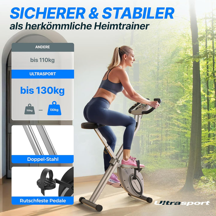 Ultrasport F-Bike, Fahrradtrainer, Heimtrainer, faltbares Fitnessfahrrad, integrierter Trainingscomp