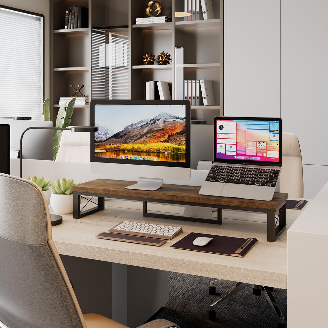 IBUYKE Dual Monitorständer, Computer Bildschirmerhöhung, 97cm Holz Schreibtisch Monitor Erhöhung mit