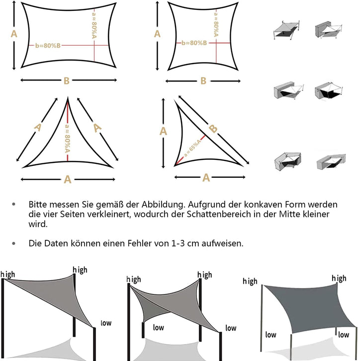 Sonnenschutz Segel 4x4x5.7M, Sonnenschutz Set, 90% Sonnenlicht verhindert, inkl Befestigungsseile fü