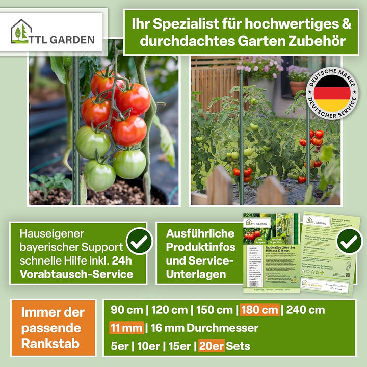 TTL GARDEN Rankstäbe 5er Set 180cm x 16mm Ø grün - extra stabile 16 mm Rankhilfe Pflanzstäbe Stahl r