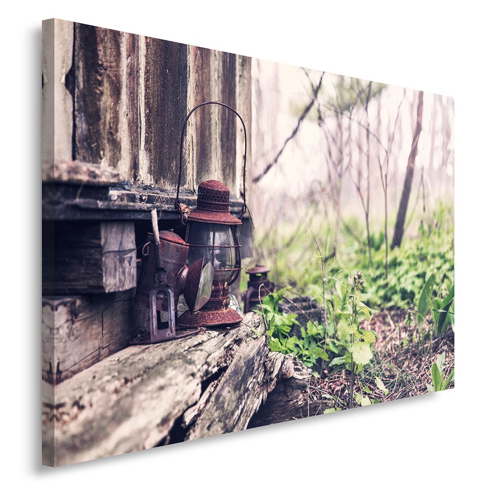 Feeby Frames, Leinwandbild, Bilder, Wand Bild, Wandbilder, Kunstdruck 50x70cm, LATERNE, HÜTTE, WALD,