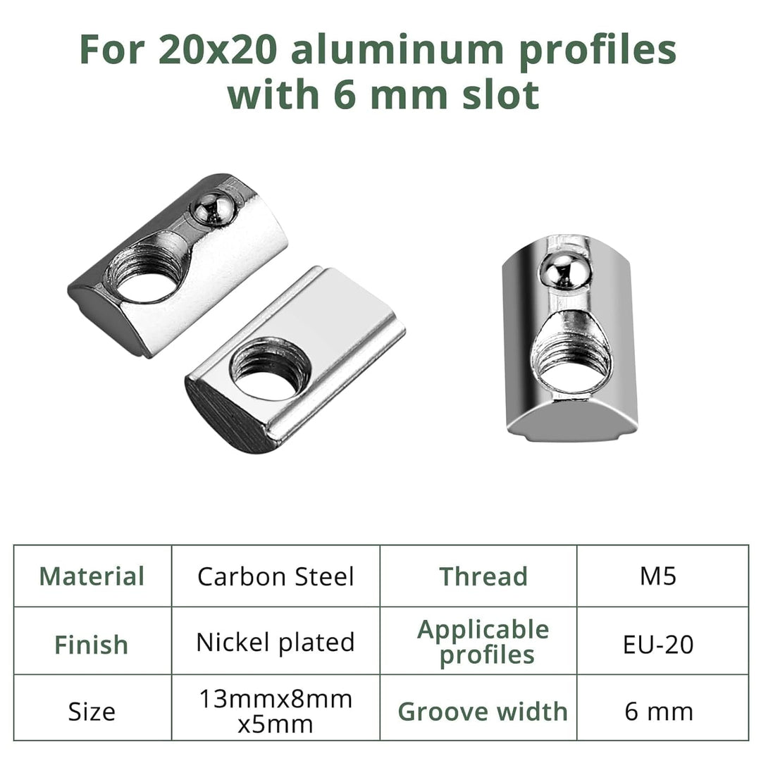 EYPINS 100x Nutensteine M5 mit Steg, Federkugel Nut 6, 20x20 Hammermutter Stahl Verzinkt Nutmuttern