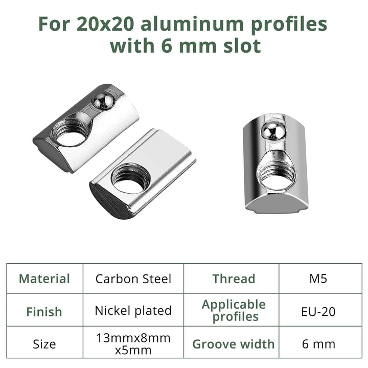 EYPINS 100x Nutensteine M5 mit Steg, Federkugel Nut 6, 20x20 Hammermutter Stahl Verzinkt Nutmuttern