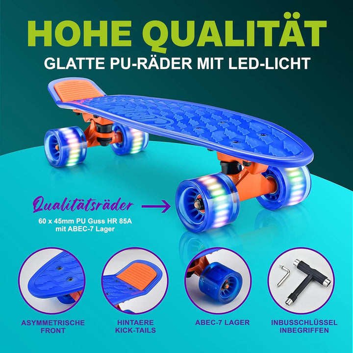 Hurtle Skateboard Kinder ab 6 Jahre, Mini Skateboard mit LED Leuchtrollen, 55cm Pennyboard mit Anti-