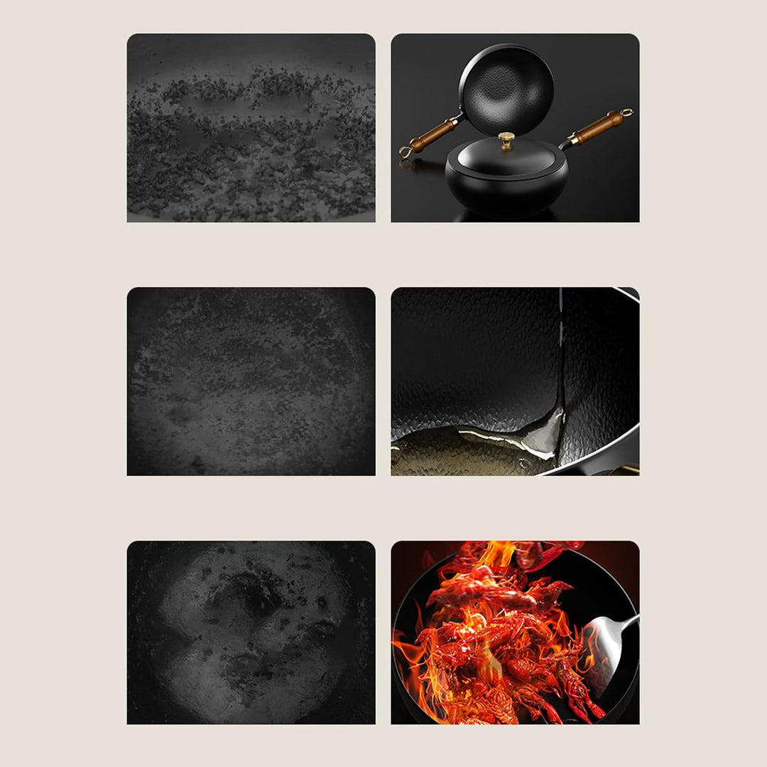 Chinesischer Wok | Eisentopf | Uncoated Hand Forged Big Belly Pot | Antihaft-Wok mit Holzgriff und D