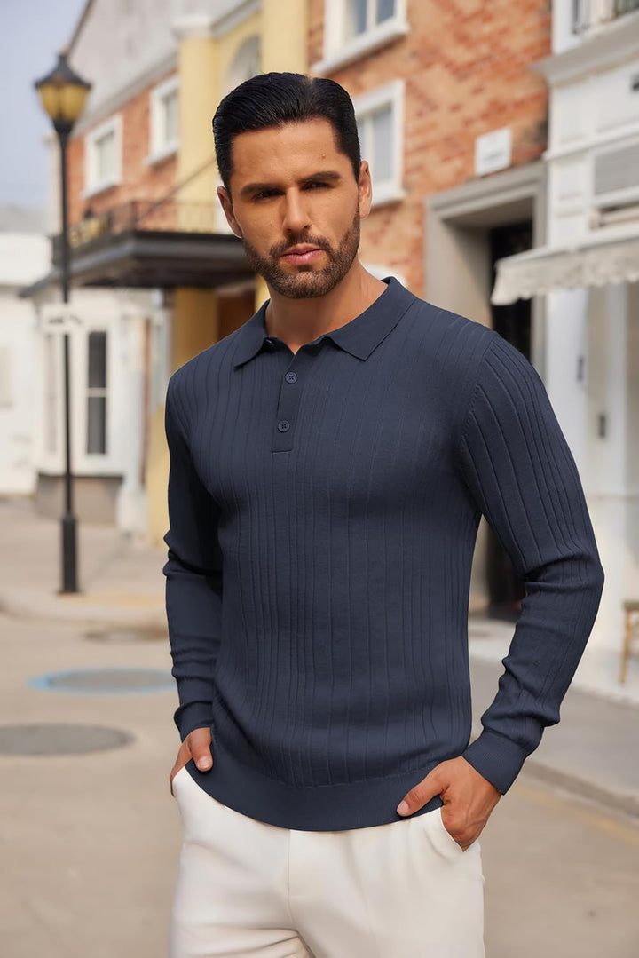 COOFANDY Polo Pullover Herren Strickpullover mit Polokragen Strick Poloshirt Herren Langarm Polo Pul