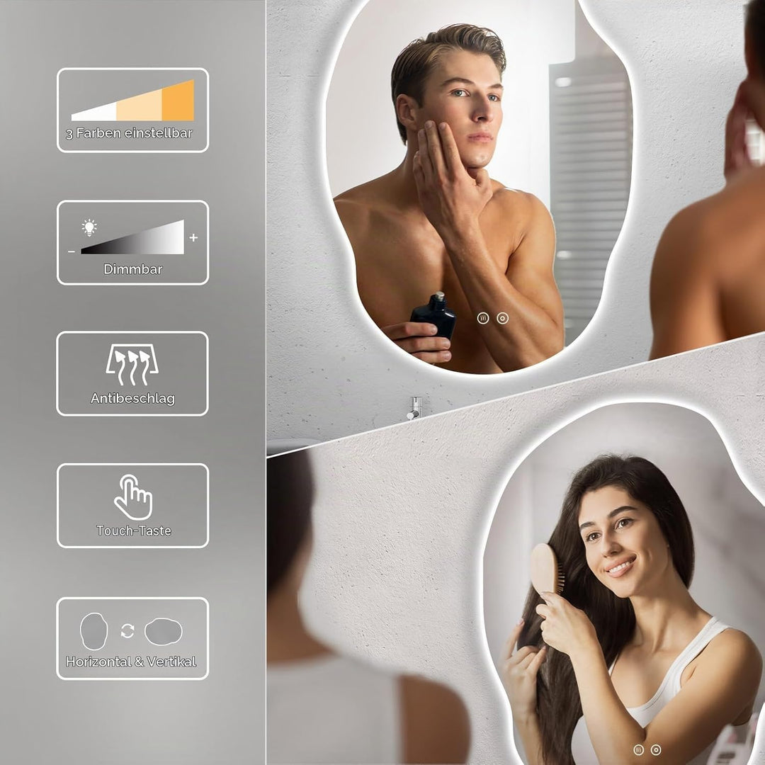 Dripex Badezimmerspiegel Led Badspiegel, Asymmetrisch, Touch-Schalter, Dimmbar, 3 Lichtfarbe Einstel