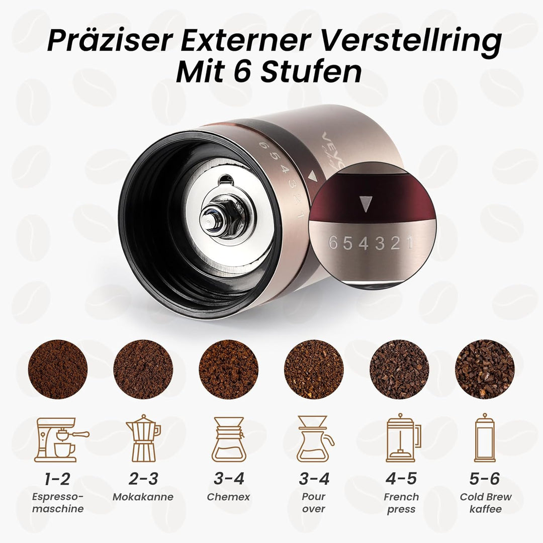 Vevok Chef Manuelle Kaffeemühle mit 6 Externen Einstellbaren Grobheit für Espresso bis French Press,