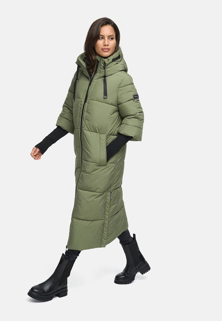 Navahoo Damen langer Wintermantel warmer Steppmantel mit Kapuze und Rippstrickärmeln Ciao Miau XIV X