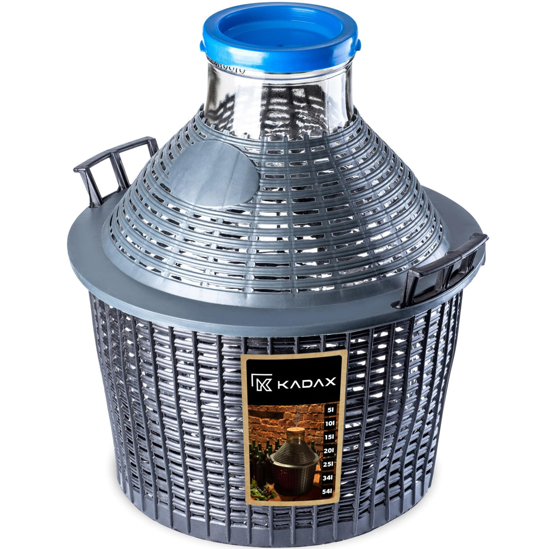 KADAX Glasballon, Gärballon mit Kunststoffkorb, Weite Öffnung, Gummistopfen, Weinballon, Glasgärball