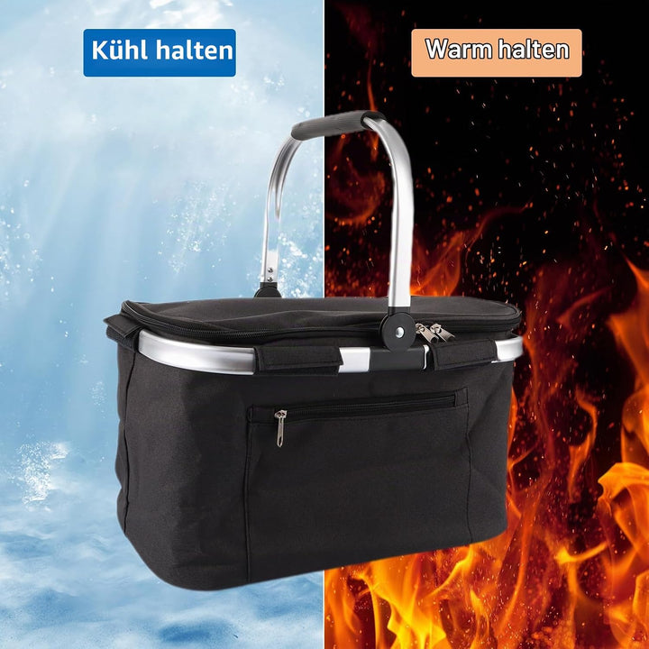 VIDETOL Einkaufskorb Faltbar, 33L Kühltasche Picknickkorb Gross, Schwarze Kühlkorb mit Deckel und Al