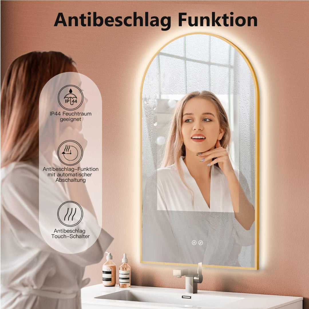 HOKO® LED Badspiegel Bogen Beschlagfrei 50x90 cm / 90x50 cm San Diego mit Goldener Metallrahmen, HOC