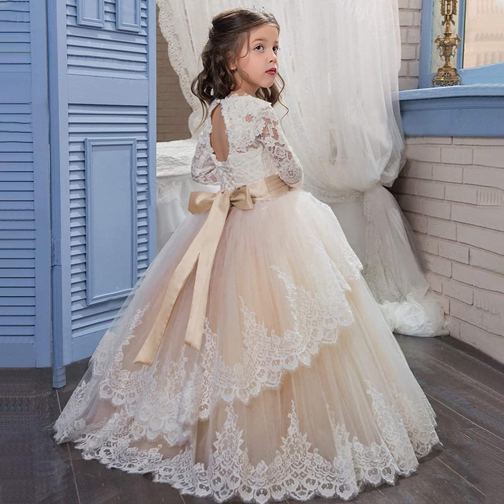 PLWEDDING Spitze Lange Ärmel Blumenmädchen Kleid Prinzessin Tüll Kleid für Kinder Erstkommunion Klei