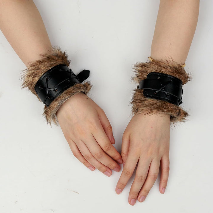 keland 1 Paar Wikinger Pelz Leder Armschienen Armschutz Mittelalter Armbänder für Damen Herren (X-Sc