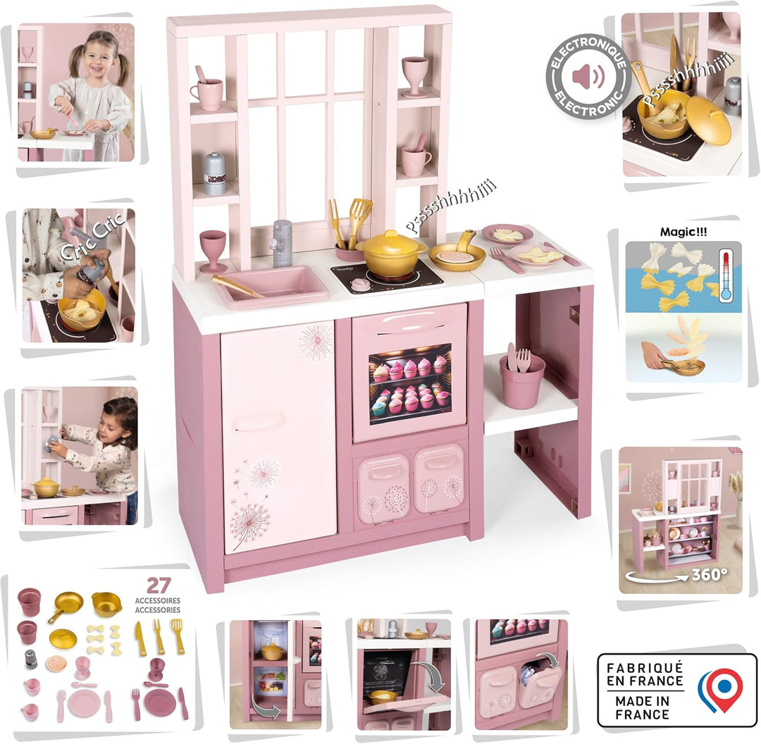 Smoby – Loft Spielküche Fleur – Kinderküche im modernen Loft-Stil mit Kochfeld, Ofen, Kühlschrank &