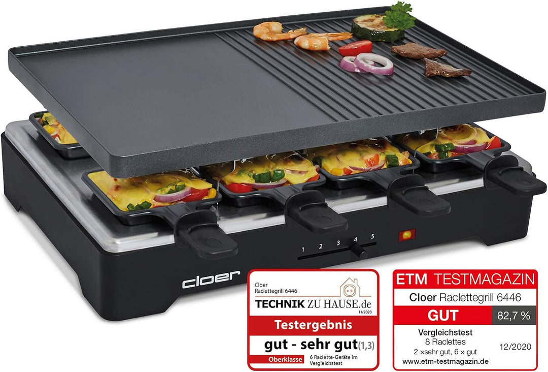Cloer 6446 Raclettegrill mit Aluminium Druckguss Platte - beidseitig verwendbar, 1200 W, 8 antihaftb