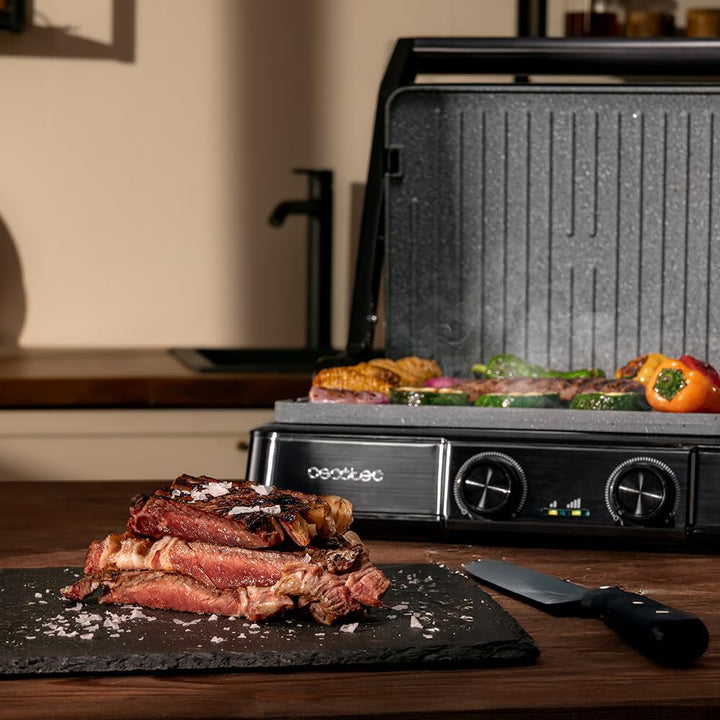 Cecotec Rock'nGrill 2200 Dual-Elektrogrill mit Grill, 2200 W, Öffnung 180°, Dual Temp, RockStone, An