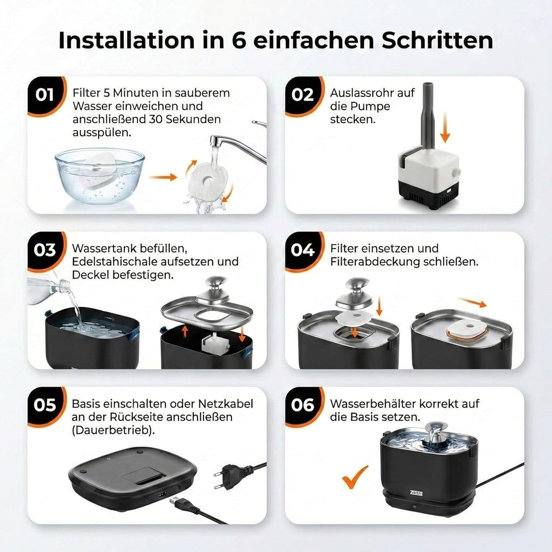 Zedar WF600 Edelstahl Drahtloser Trinkbrunnen mit APP für Katze oder Hund - Inklusive 3 Filtern - Ka