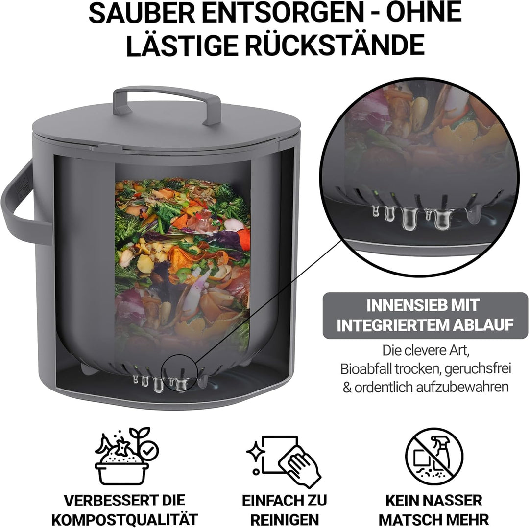 PTMS® Biomülleimer Küche 6L - Biomüll mit praktischem Deckel zum Einhängen & Innensieb - Spülmaschin