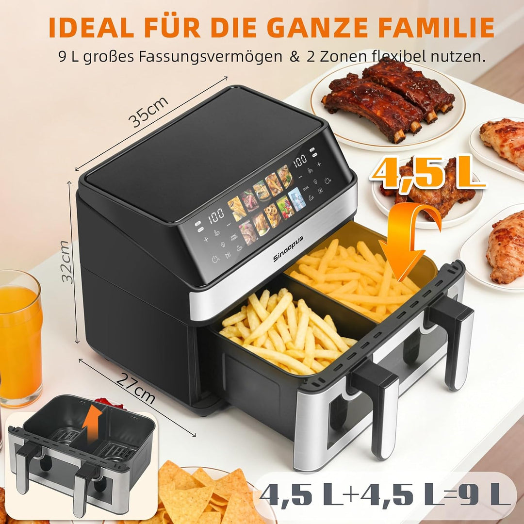Air Fryer 9L 2000 W, Heissluftfritteuse 2 Kammern mit kühlem Griff | Digitaler Touchscreen, Sichtfen