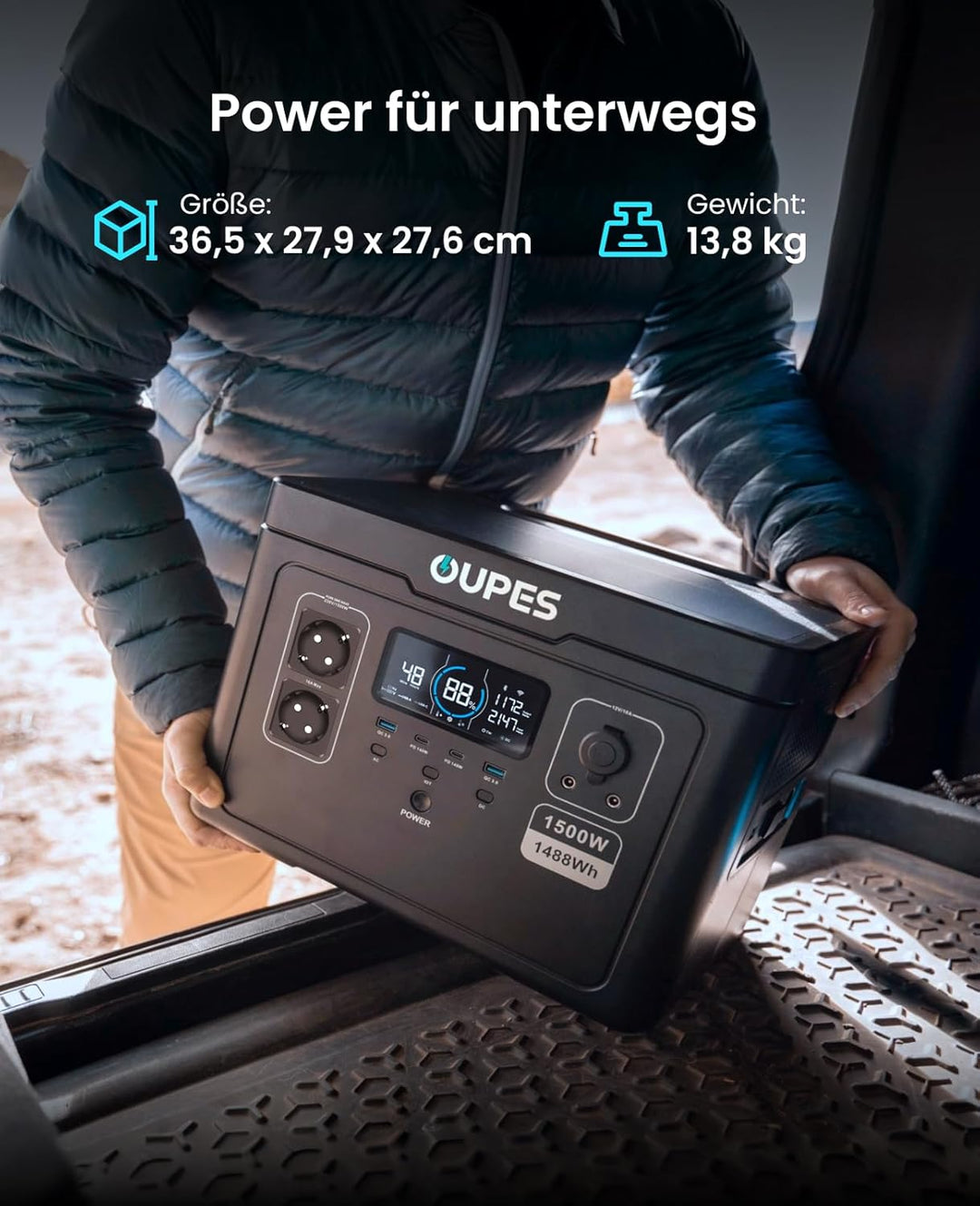 OUPES Exodus 1500 Tragbare Powerstation 1500W, 1488Wh Solargenerator mit 2 Steckdose (Boost 1700W, 3