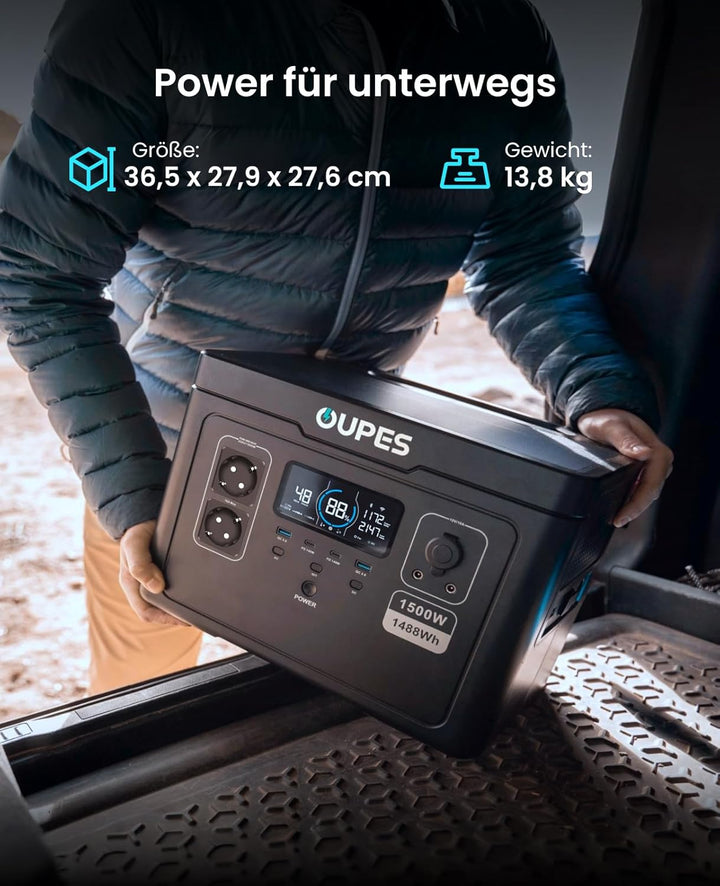OUPES Exodus 1500 Tragbare Powerstation 1500W, 1488Wh Solargenerator mit 2 Steckdose (Boost 1700W, 3