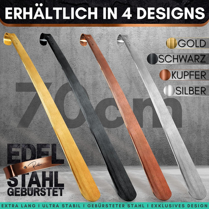 Robfox 70cm Schuhlöffel I extra stabiler Schuhanzieher aus gebürstetem Stahl I lange Schuhanziehhilf