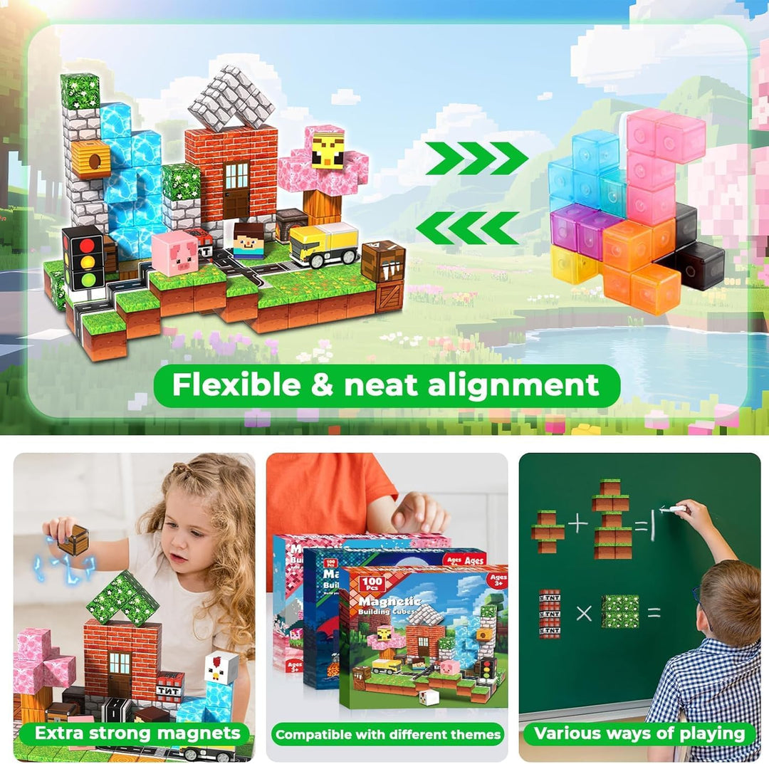 GraceDuck Magnetische Bausteine 100 Teile Bauspielzeug Grünland und Strasse Magnetbausteine Montesso