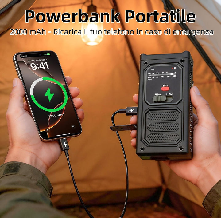 Notfall-Solarradio, Tragbare Kurbelradio mit SOS-Alarm, LED-Taschenlampe, AM/FM Notfallradio mit 200