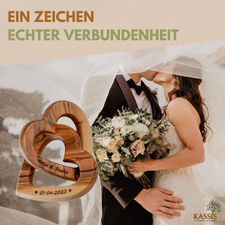 Kassis Geschenkartikel Personalisierte Olivenholz-Herzen für Brautpaar, zum Valentinstag, Jubiläum,