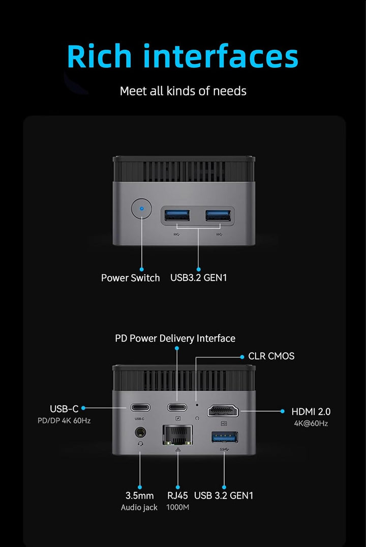 WayPonDEV BY53 Twin Lake N150 Mini Computer, Windows 11 Mini PC, LPDDR5 RAM mit Unterstützung für Zw