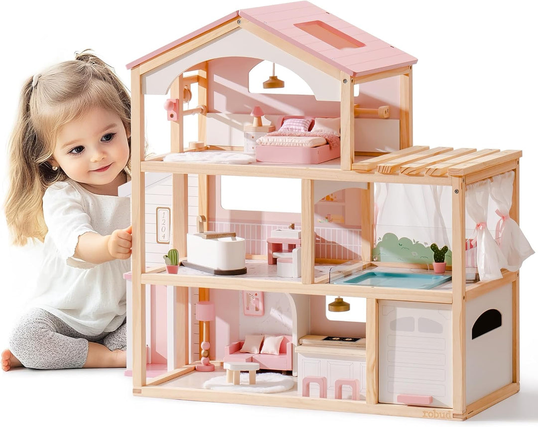 ROBUD Puppenhaus aus Holz,Puppen-Villa mit Möbel,Mit Aufzug, Garage, Pavillon und Schwimmbad,Geschen