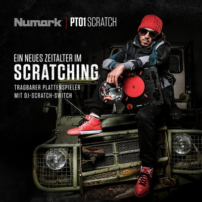 Numark PT01 Scratch - tragbarer DJ-Plattenspieler mit auswechselbarem Scratch-Switch, eingebautem La