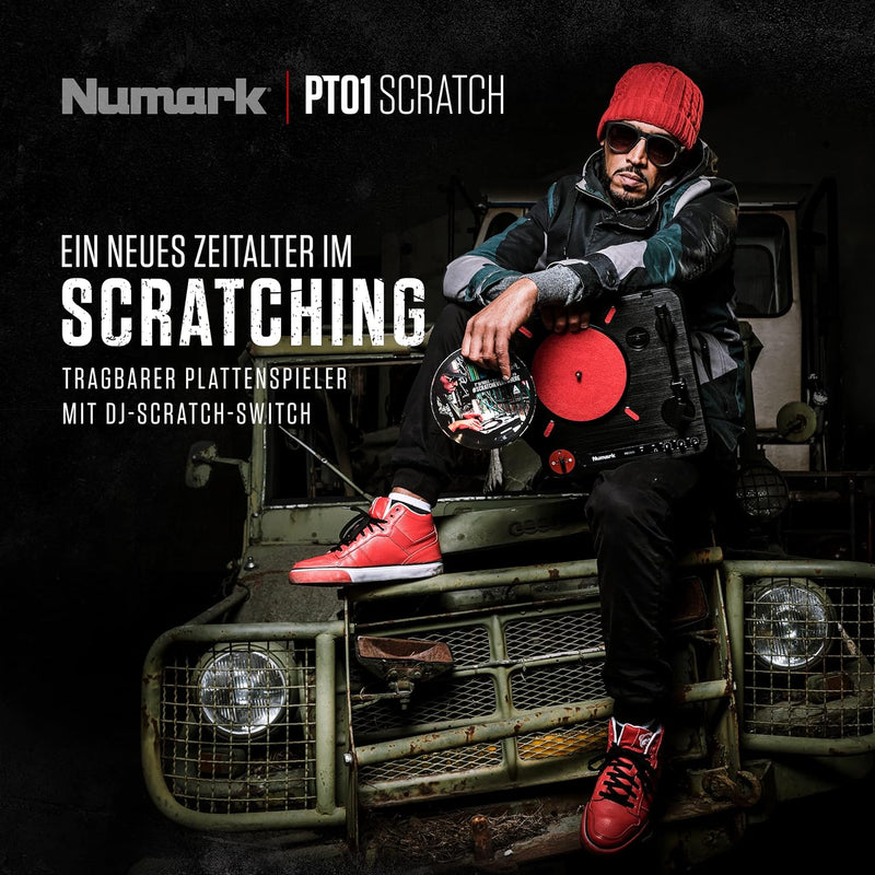 Numark PT01 Scratch - tragbarer DJ-Plattenspieler mit auswechselbarem Scratch-Switch, eingebautem La