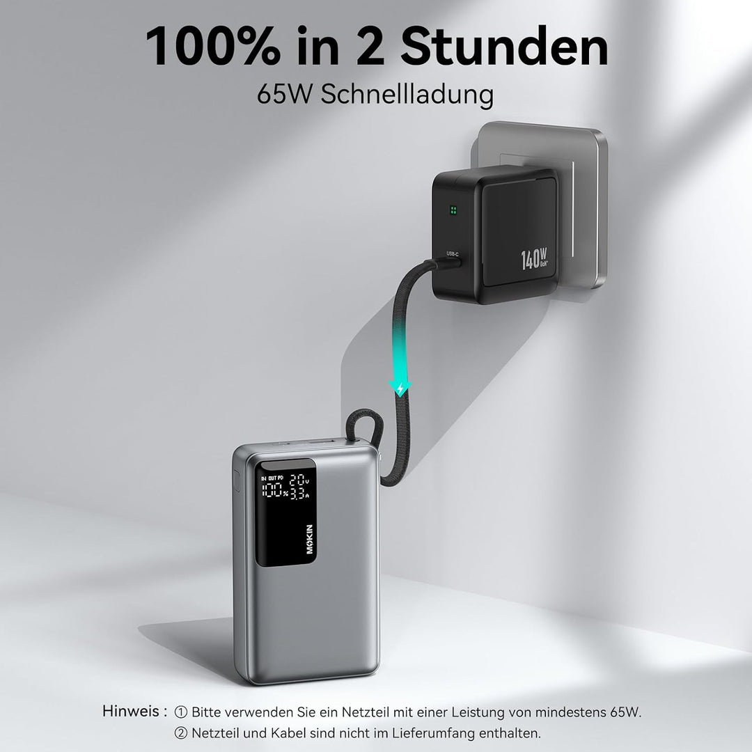 Power Bank, 65W 20000mAh Powerbank Schnellladefunktion USB C PD3.0 & QC4.0 Tragbarer Externer HandyA