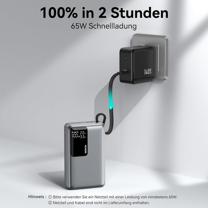 Power Bank, 65W 20000mAh Powerbank Schnellladefunktion USB C PD3.0 & QC4.0 Tragbarer Externer HandyA