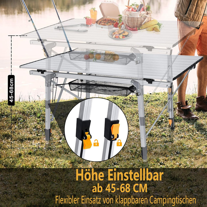 Alu Campingtisch Faltbar Höhenverstellbar Klapptisch 90 x 52 cm Falttisch mit Netzbeutel und Trageta