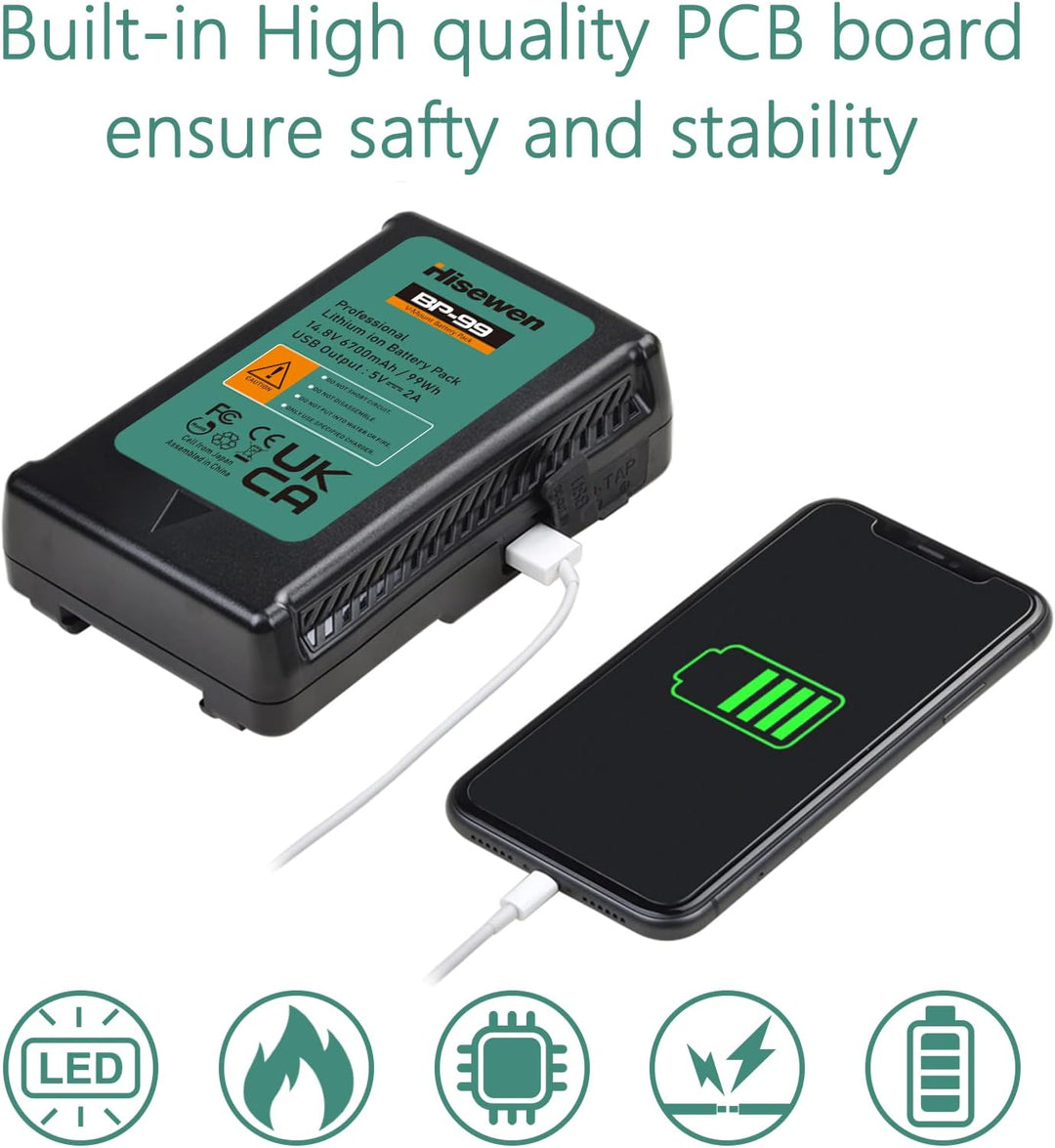 BP-99 V Mount Akku, Hisewen 6700mAh 99Wh V-Lock Battery und D-Tap Ladegerät Kompatibel mit Sony Camc