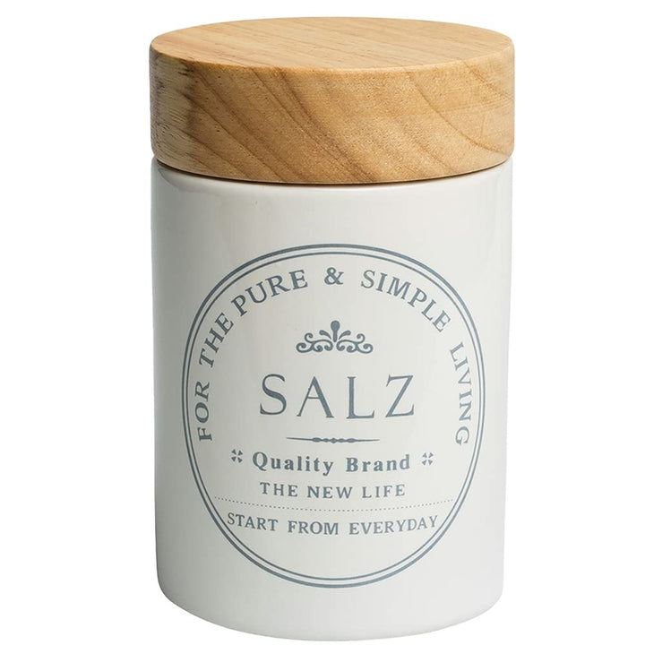 KHG Salzdose Keramik Steingut Weiss Holzdeckel Bambus, Salz Aufbewahrung luftdicht für ca. 1 kg fein