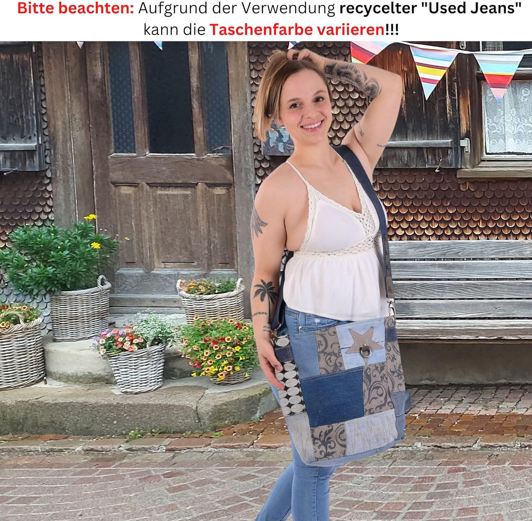 Sunsa Damen Blaue Umhängetasche. Grosse Canvas Schultertasche. Crossbody Bag aus recycelte Jeans. Na