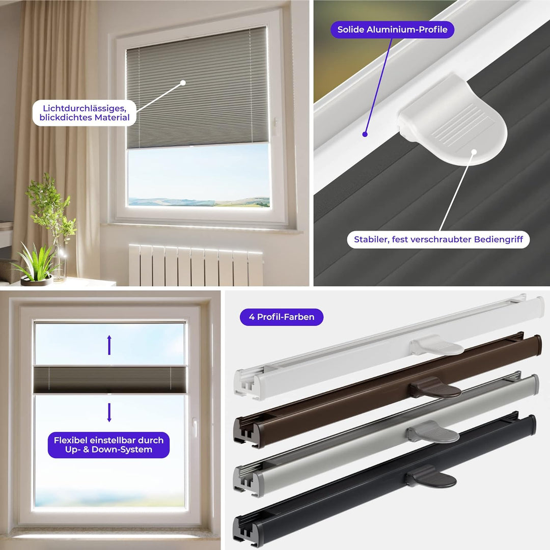 SchattenFreude Plissee nach Mass für Fenster & Tür | Zum Anschrauben in der Glasleiste | Lichtdurchl