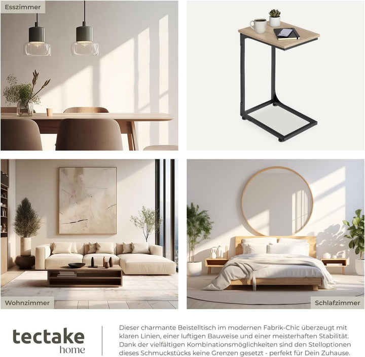 tectake® Beistelltisch Holz Metall, Wohnzimmertisch, Couchtisch C-Form, Laptoptisch für Couch, Bettt