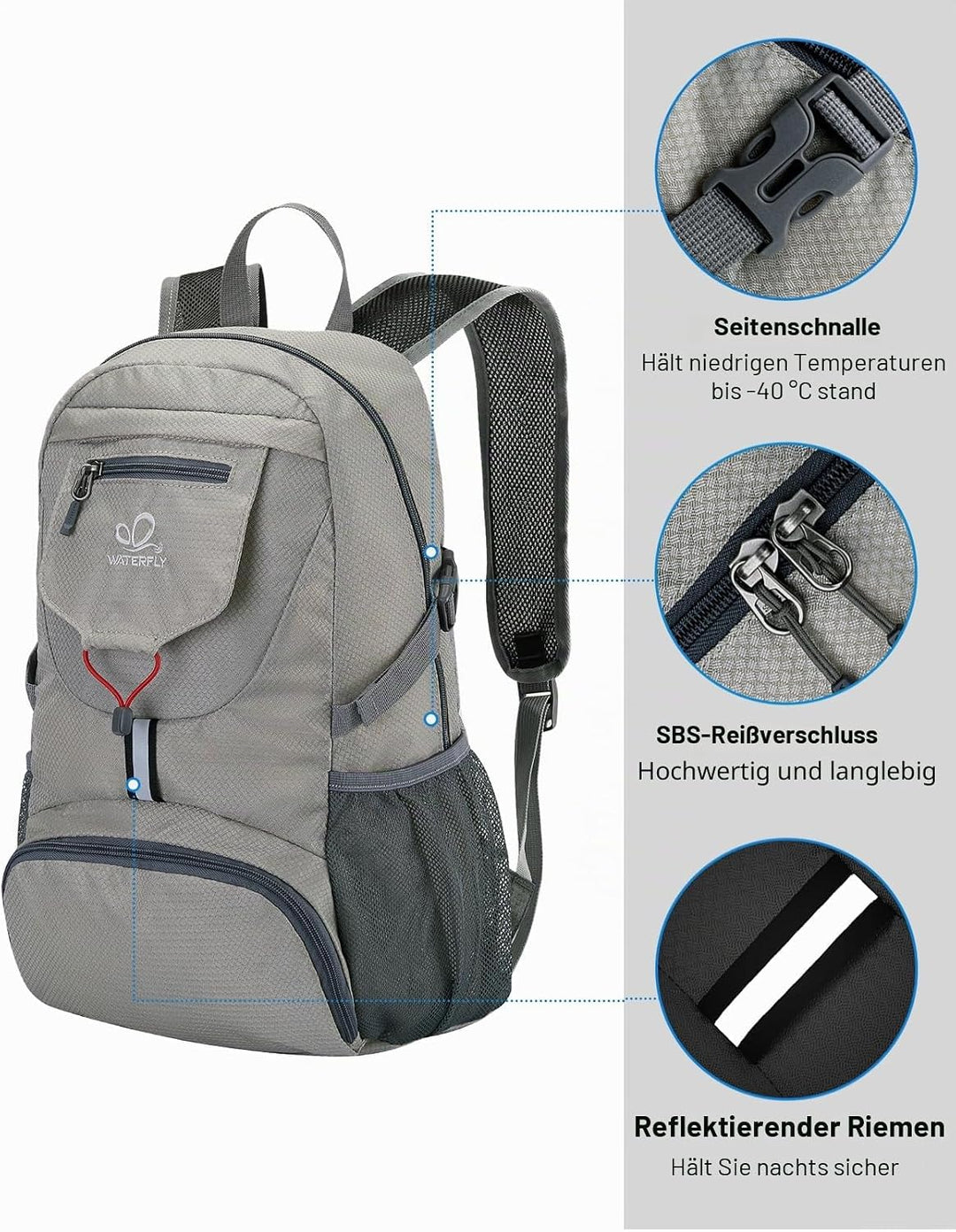 WATERFLY Ultraleicht Faltbar Klein Rucksack: 20L Leicht Packable Wanderrucksack Tagesrucksack Trekki