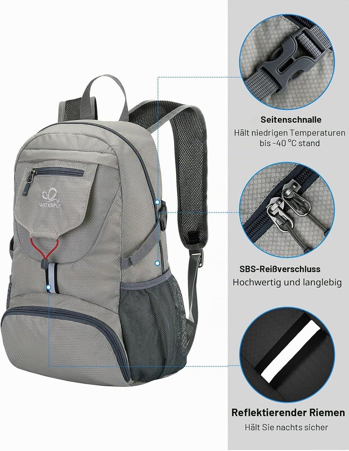 WATERFLY Ultraleicht Faltbar Klein Rucksack: 20L Leicht Packable Wanderrucksack Tagesrucksack Trekki