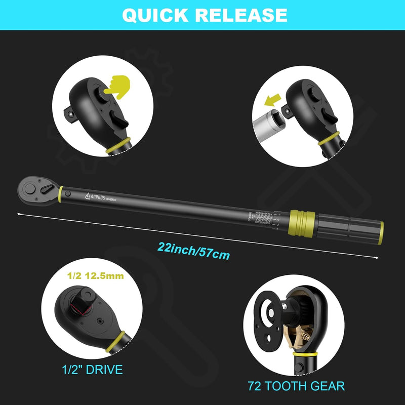 ANPUDS Drehmomentschlüssel 1/2 Zoll, 60-460 Nm Drehmomentschlüssel, ±3% Fehlergenauigkeit mit 72 Zäh